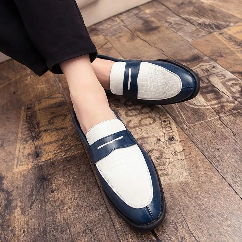 New Formal Shoes for Men Slip On Round Toe Two Tone PU Leather Penny Loafer Block Heel Low Top Non Slip Rubber Sole Slip Resistant Walking