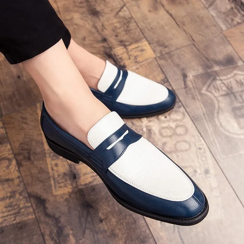 New Formal Shoes for Men Slip On Round Toe Two Tone PU Leather Penny Loafer Block Heel Low Top Non Slip Rubber Sole Slip Resistant Walking