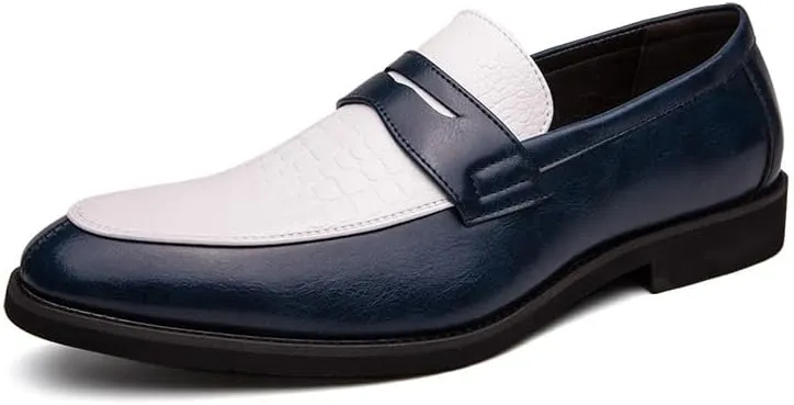 New Formal Shoes for Men Slip On Round Toe Two Tone PU Leather Penny Loafer Block Heel Low Top Non Slip Rubber Sole Slip Resistant Walking