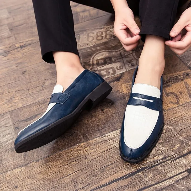 New Formal Shoes for Men Slip On Round Toe Two Tone PU Leather Penny Loafer Block Heel Low Top Non Slip Rubber Sole Slip Resistant Walking