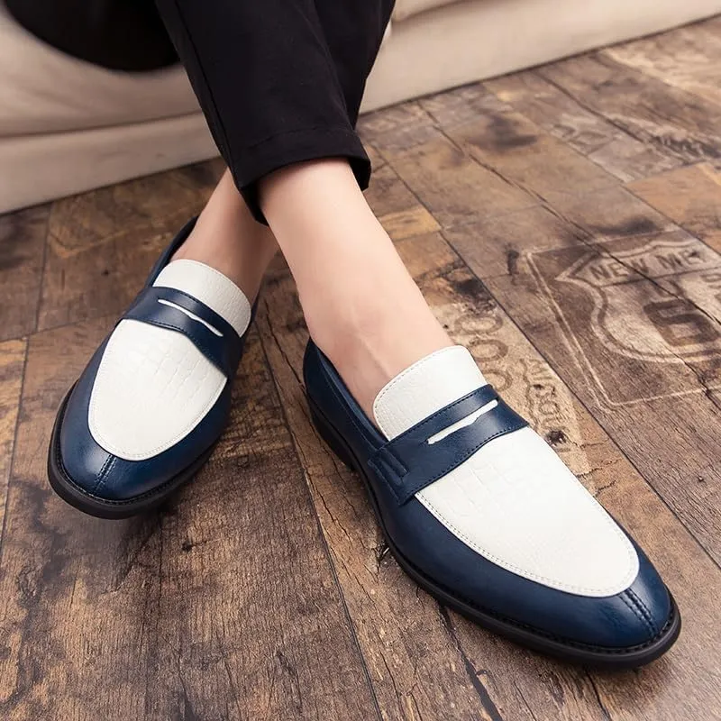 New Formal Shoes for Men Slip On Round Toe Two Tone PU Leather Penny Loafer Block Heel Low Top Non Slip Rubber Sole Slip Resistant Walking