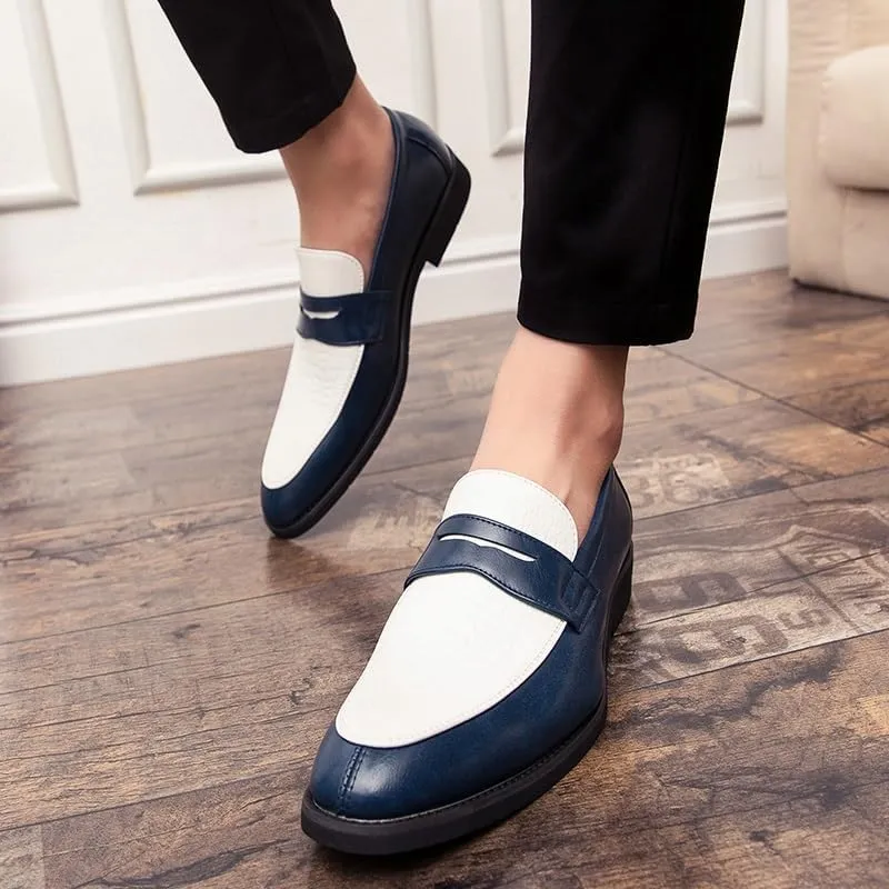 New Formal Shoes for Men Slip On Round Toe Two Tone PU Leather Penny Loafer Block Heel Low Top Non Slip Rubber Sole Slip Resistant Walking