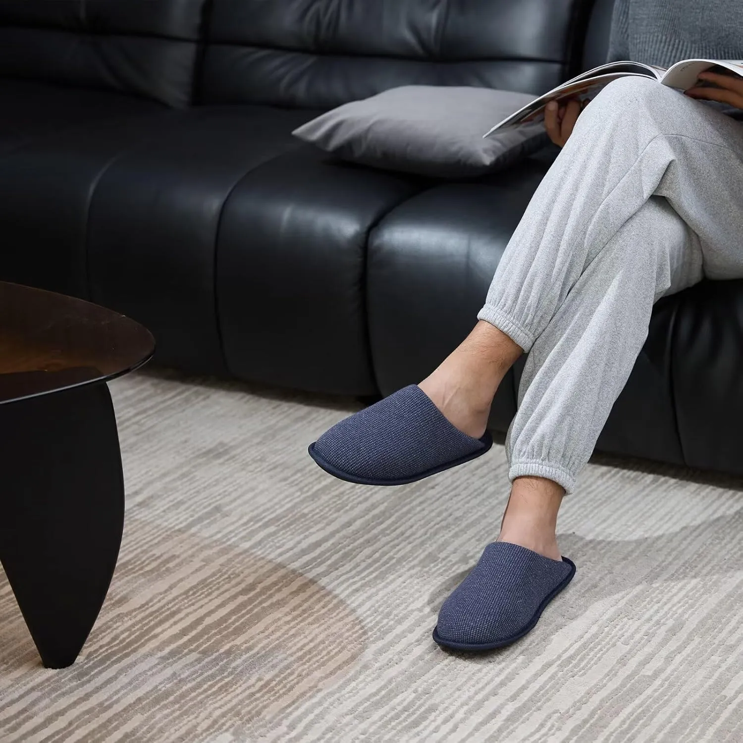NineCiFun Mens House Scuff Slippers Slip On Warm Bedroom Solid Waffle Upper Slippers Lightweight Non-slip Indoor/Outdoor House Shoes