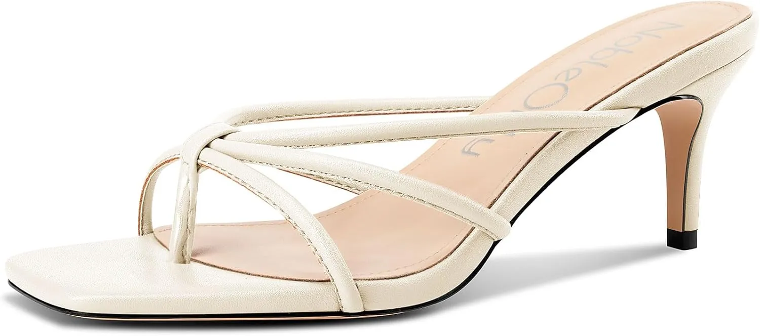 NobleOnly Womens Strappy Kitten Heels Square Open Toe Thong Heels Flip Flop Heels Dress Prom Slip-on Mule Heels 2.6 Inches Heels