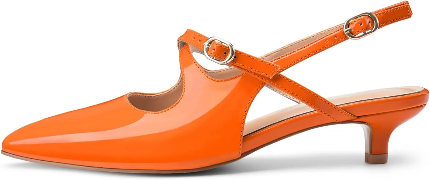 Oh Mispares Pointed Toe Kitten Heels for Women Slingbacks Low Heel Dressy Pumps Patent Leather Closed Toe Cross Strap Slingback Dress Shoes