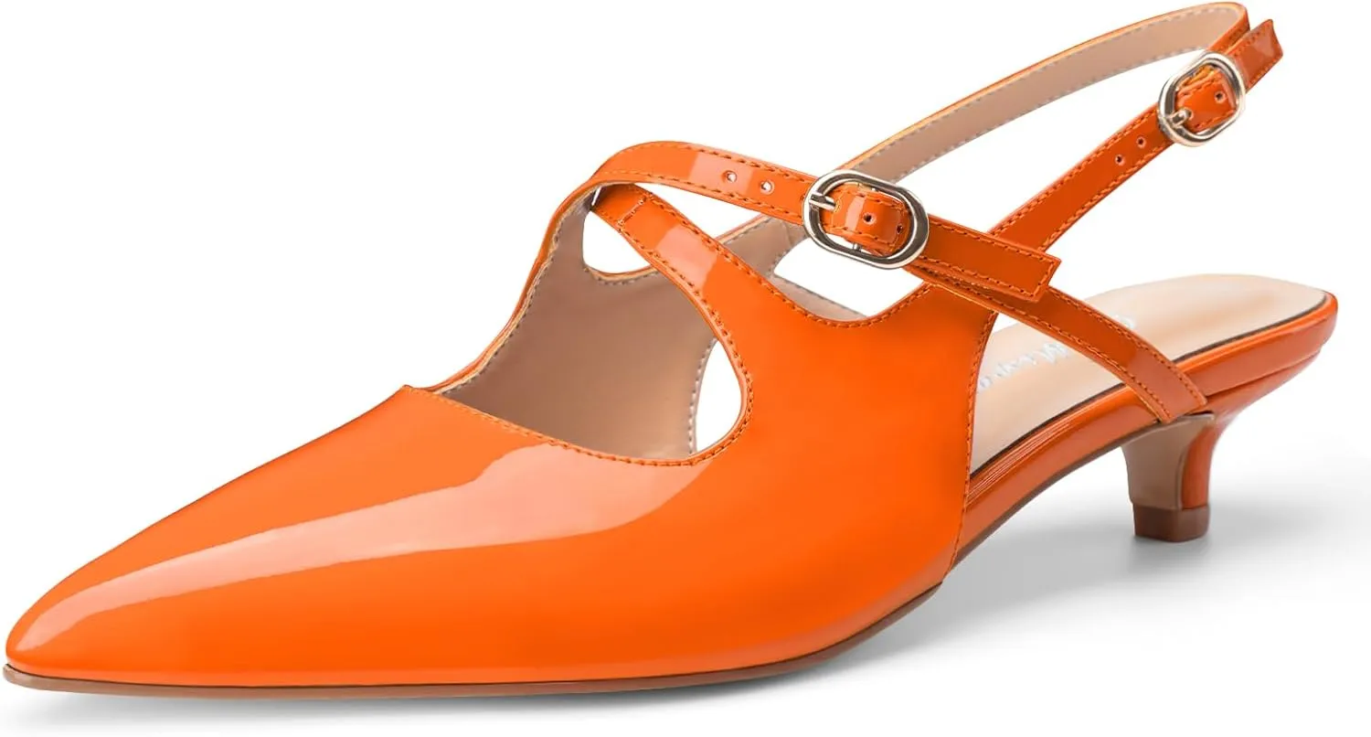 Oh Mispares Pointed Toe Kitten Heels for Women Slingbacks Low Heel Dressy Pumps Patent Leather Closed Toe Cross Strap Slingback Dress Shoes