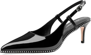 Oh Mispares Slingback Heels for Women Pointed Toe Stiletto Pumps Adjustable Strap Buckle 3 Inch Beaded Dress Shoes Wedding Prom Work Office