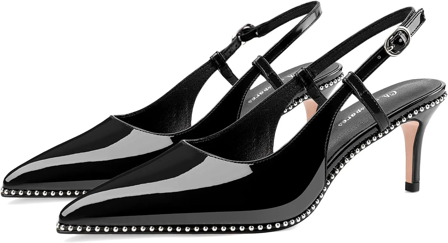 Oh Mispares Slingback Heels for Women Pointed Toe Stiletto Pumps Adjustable Strap Buckle 3 Inch Beaded Dress Shoes Wedding Prom Work Office