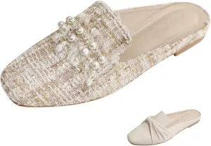 Optigard Women's Pearl Decor Flat Mules Shoes,Comfortable Round Toe Slip On Backless Dress Mule Slide Sandals Ladies Loafers