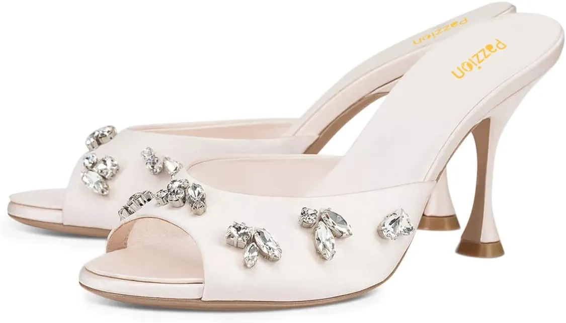 Pazzion Women Open Toe High Heel Mules Crystal Strass Slip On Summer Party Slides Sandals Dress Shoes Size 4-16 US