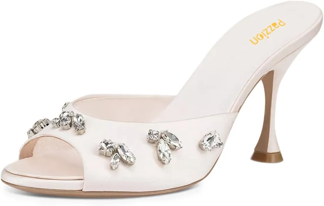 Pazzion Women Open Toe High Heel Mules Crystal Strass Slip On Summer Party Slides Sandals Dress Shoes Size 4-16 US