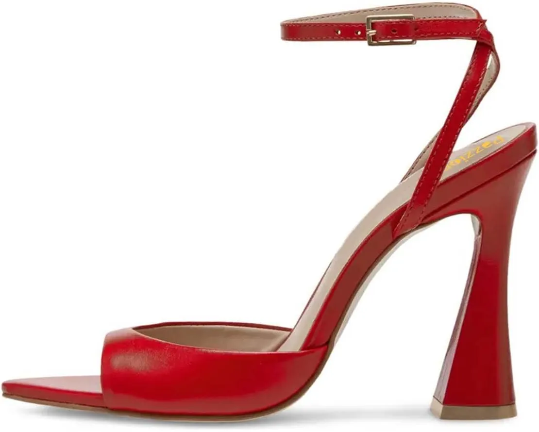 Pazzion Women Stylish Open Pointy Toe Sky High Heel Sandals Crisscross Strap Buckle Flared Heel Pumps Chic Prom Event Shoes Size 4-16 US
