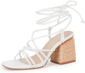 PiePieBuy Women's Lace Up Chunky Braided Heel Sandals Square Toe Strappy Ankle Strap Heels