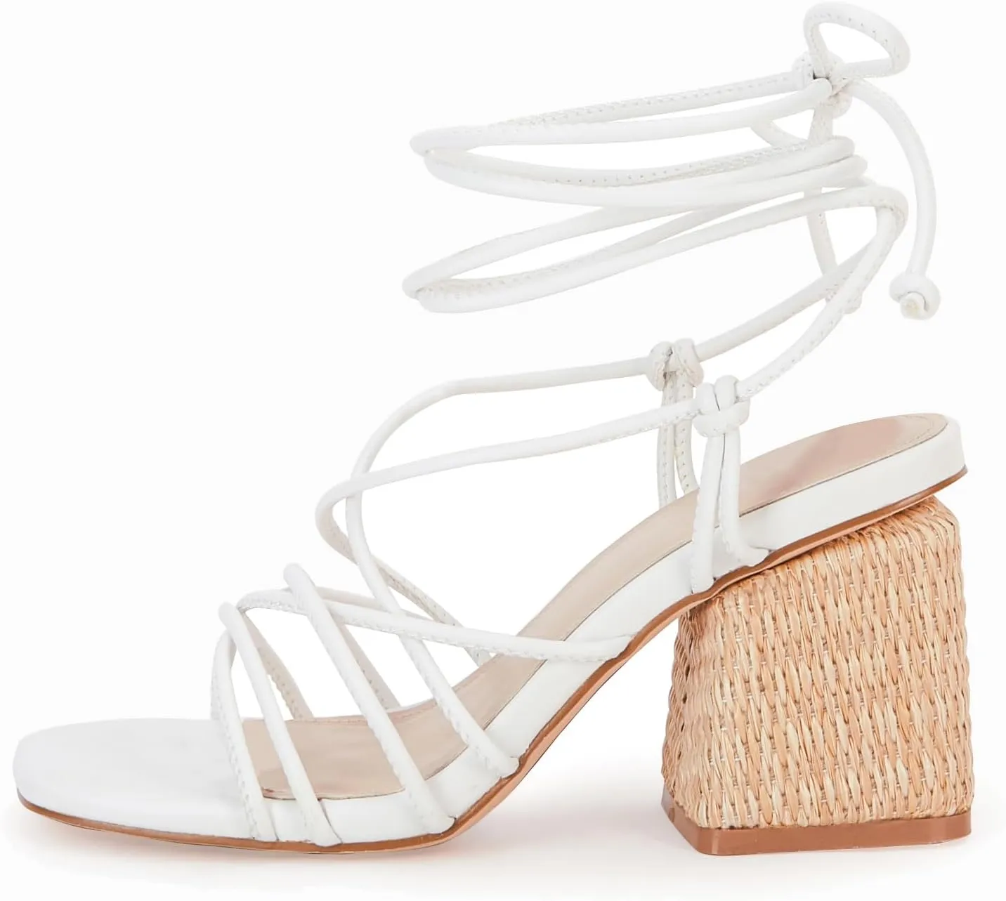 PiePieBuy Women's Lace Up Chunky Braided Heel Sandals Square Toe Strappy Ankle Strap Heels