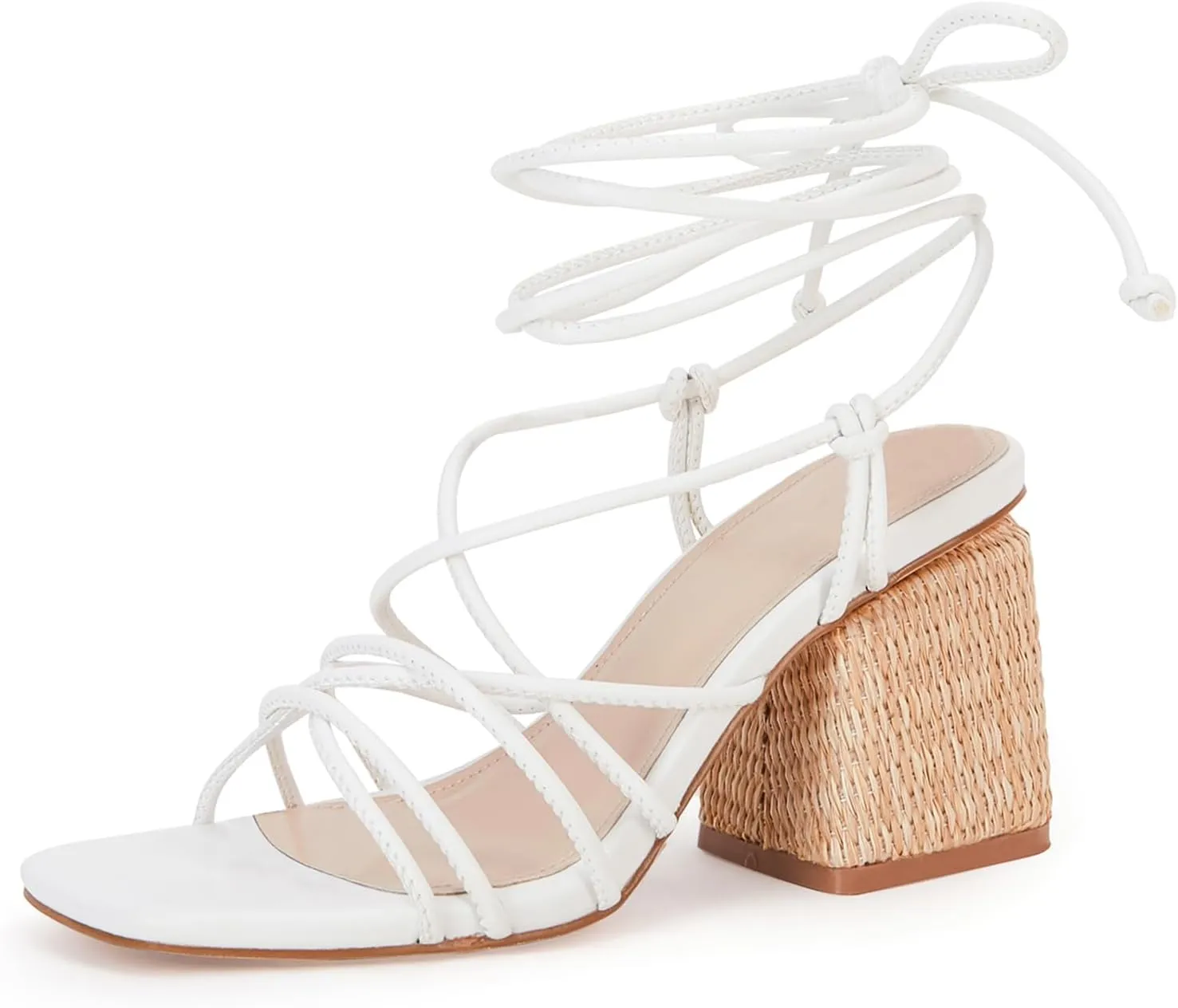 PiePieBuy Women's Lace Up Chunky Braided Heel Sandals Square Toe Strappy Ankle Strap Heels