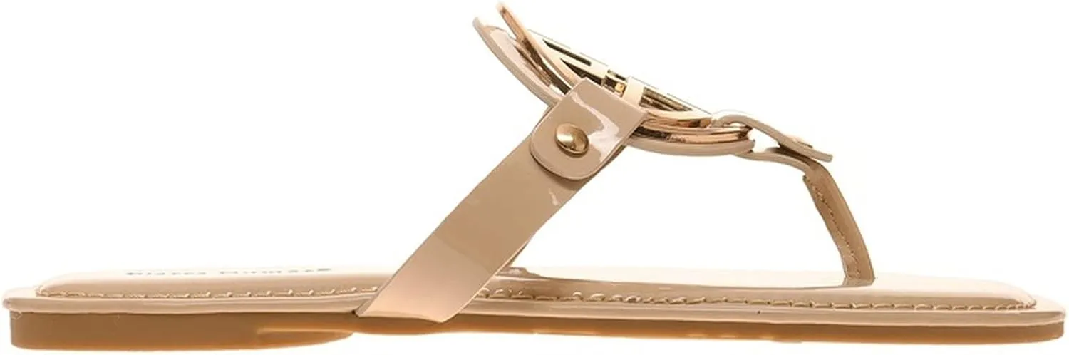 Pierre Dumas Women's Medallion Vegan Slide Thong Flip Flop Flat Sandal