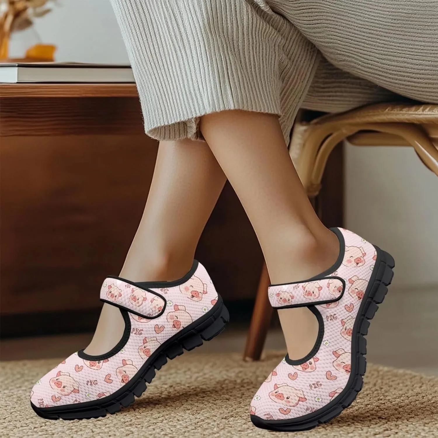 Pig Design Slip On Womens Shoes Casual Comfortable Sneakers Breathable Magic Sticker Convenient Wear Shoes