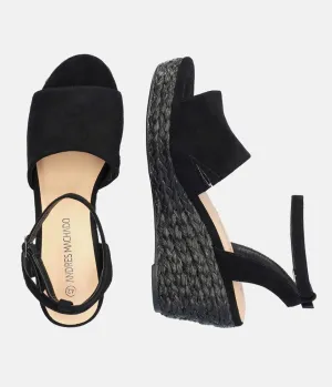 Plush Black Suedette Wedge Sandals