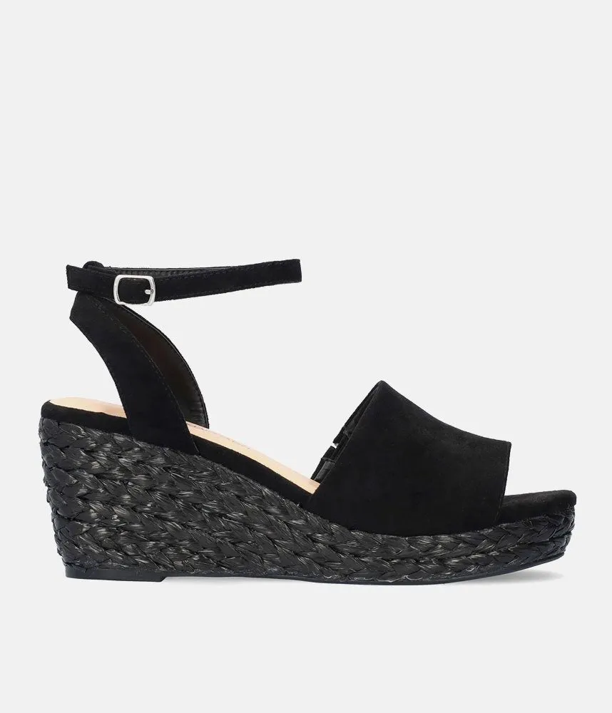 Plush Black Suedette Wedge Sandals