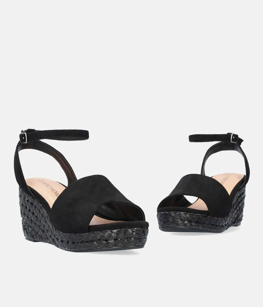 Plush Black Suedette Wedge Sandals