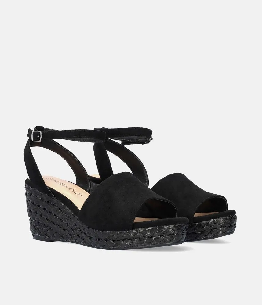 Plush Black Suedette Wedge Sandals