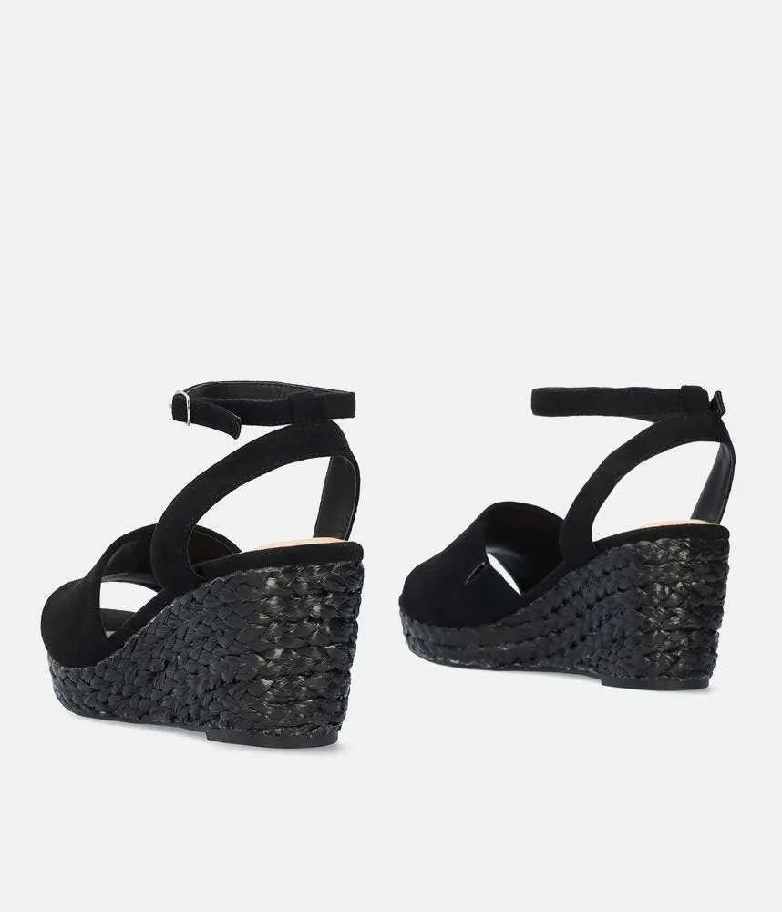 Plush Black Suedette Wedge Sandals