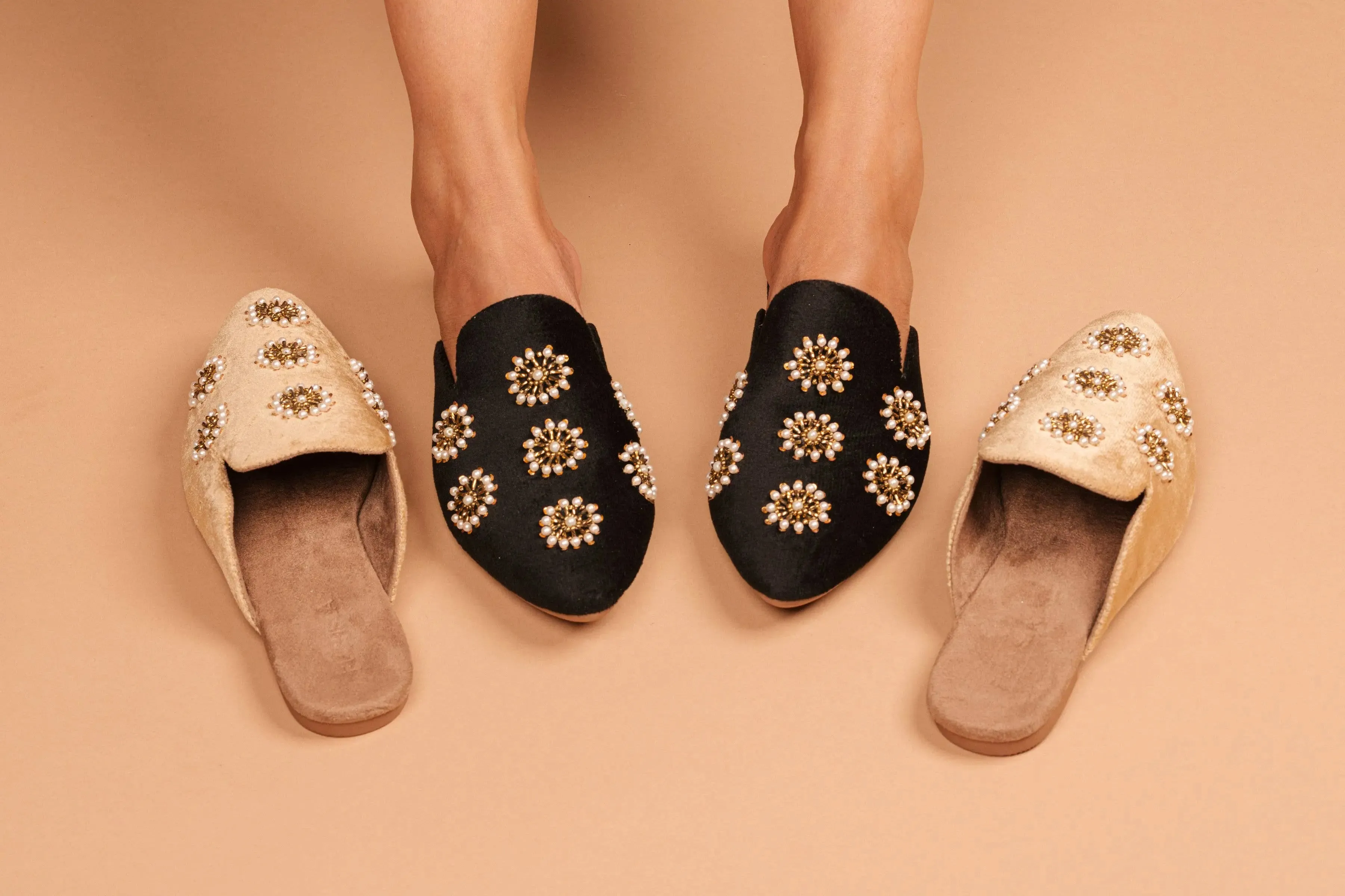 Pointed Toe Artisanal Galaxy Black Pearl Women's Mule Slide Slipper Shoes