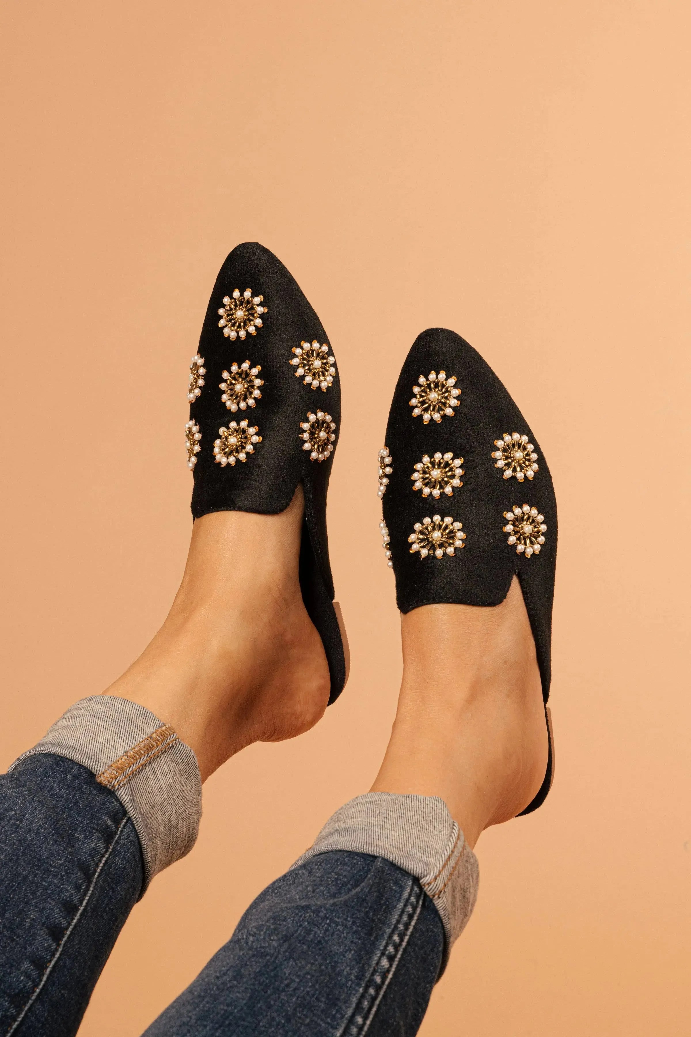 Pointed Toe Artisanal Galaxy Black Pearl Women's Mule Slide Slipper Shoes
