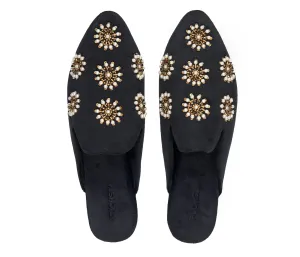 Pointed Toe Artisanal Galaxy Black Pearl Women's Mule Slide Slipper Shoes
