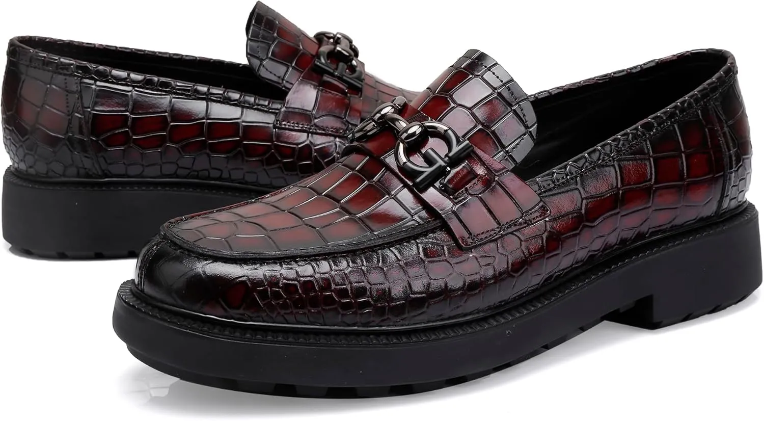 Premium Mens Leather Dress Shoes, Classic Casual Crocodile Printed Business Buckle Dress Slip on Penny Loafer Party Wedding Shoes for Mens