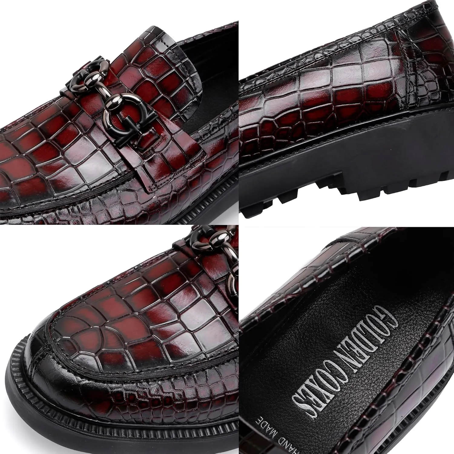 Premium Mens Leather Dress Shoes, Classic Casual Crocodile Printed Business Buckle Dress Slip on Penny Loafer Party Wedding Shoes for Mens