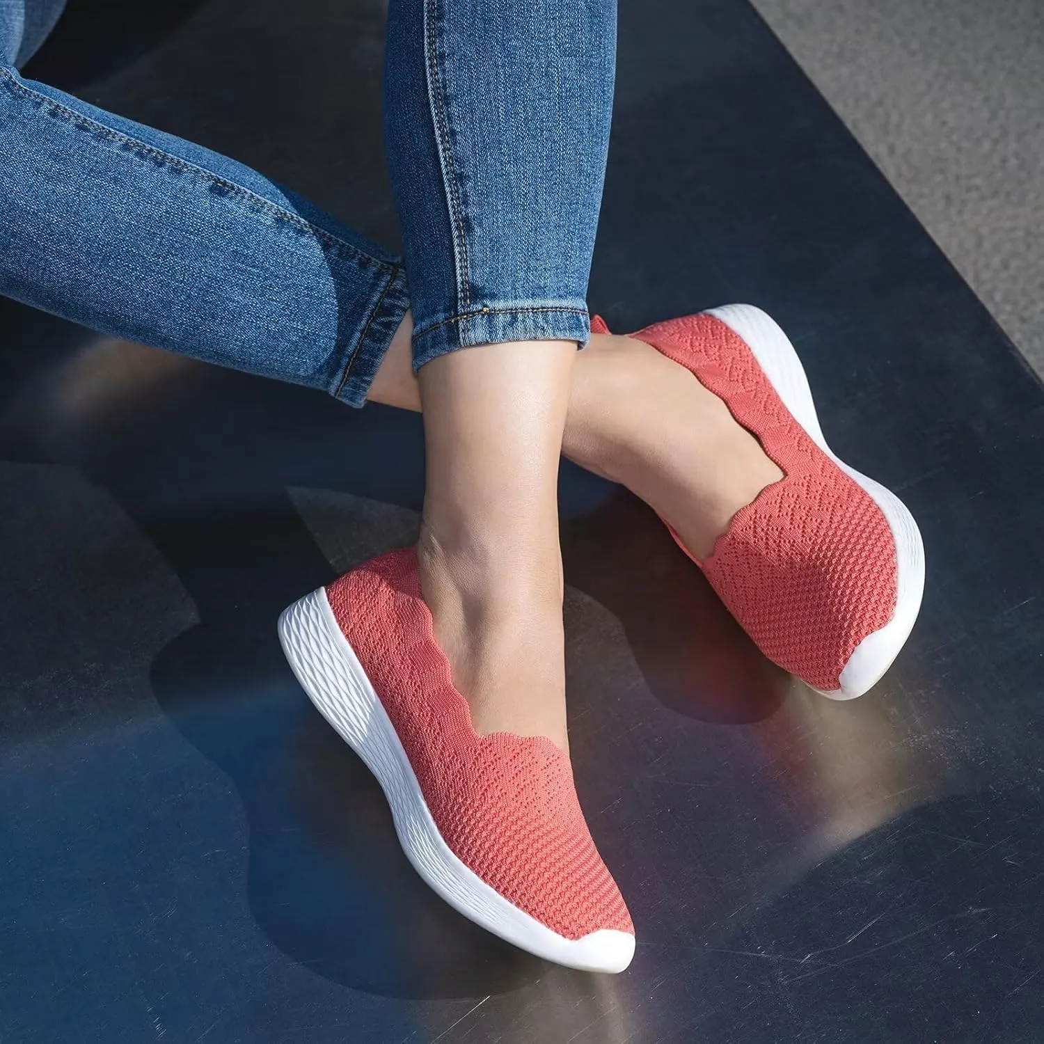 Puxowe Women's Slip on Walking Loafer Shoes-Lightweight Flat Shoes for Women Low-Top Round Toe Knit Memory Foam Sneaker