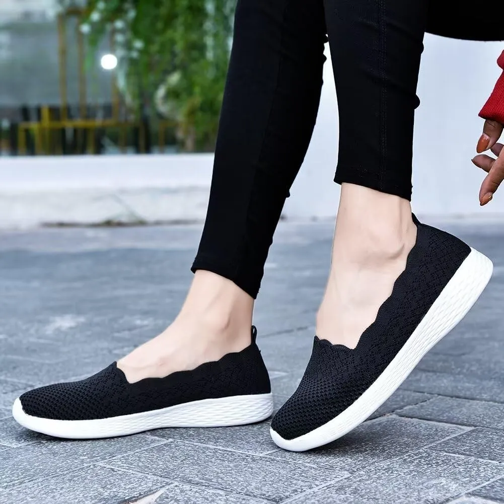 Puxowe Women's Slip on Walking Loafer Shoes-Lightweight Flat Shoes for Women Low-Top Round Toe Knit Memory Foam Sneaker