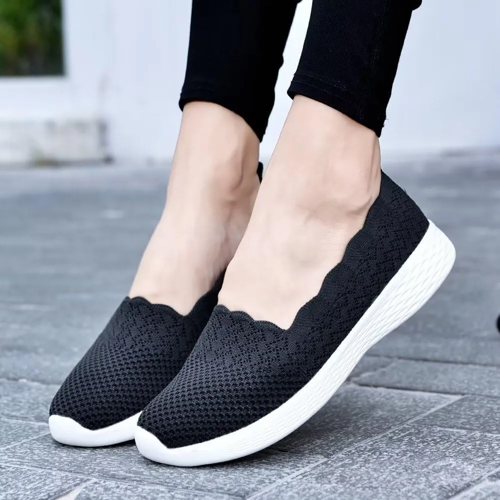 Puxowe Women's Slip on Walking Loafer Shoes-Lightweight Flat Shoes for Women Low-Top Round Toe Knit Memory Foam Sneaker