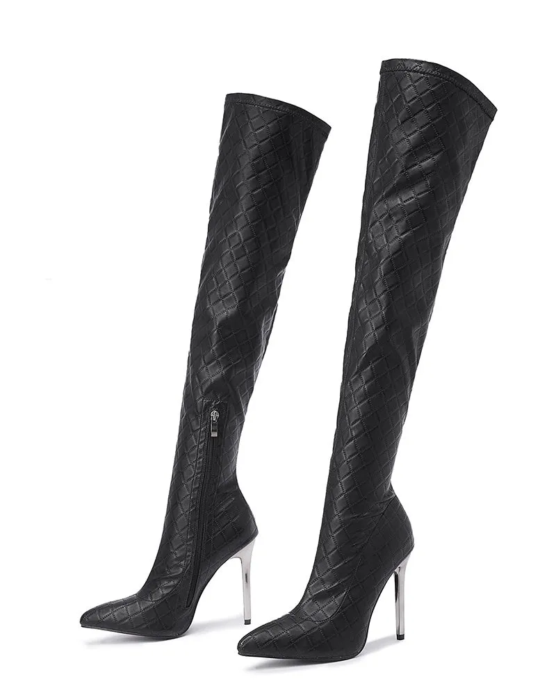 Quilted Stiletto Heel Zipper Design Long Boots