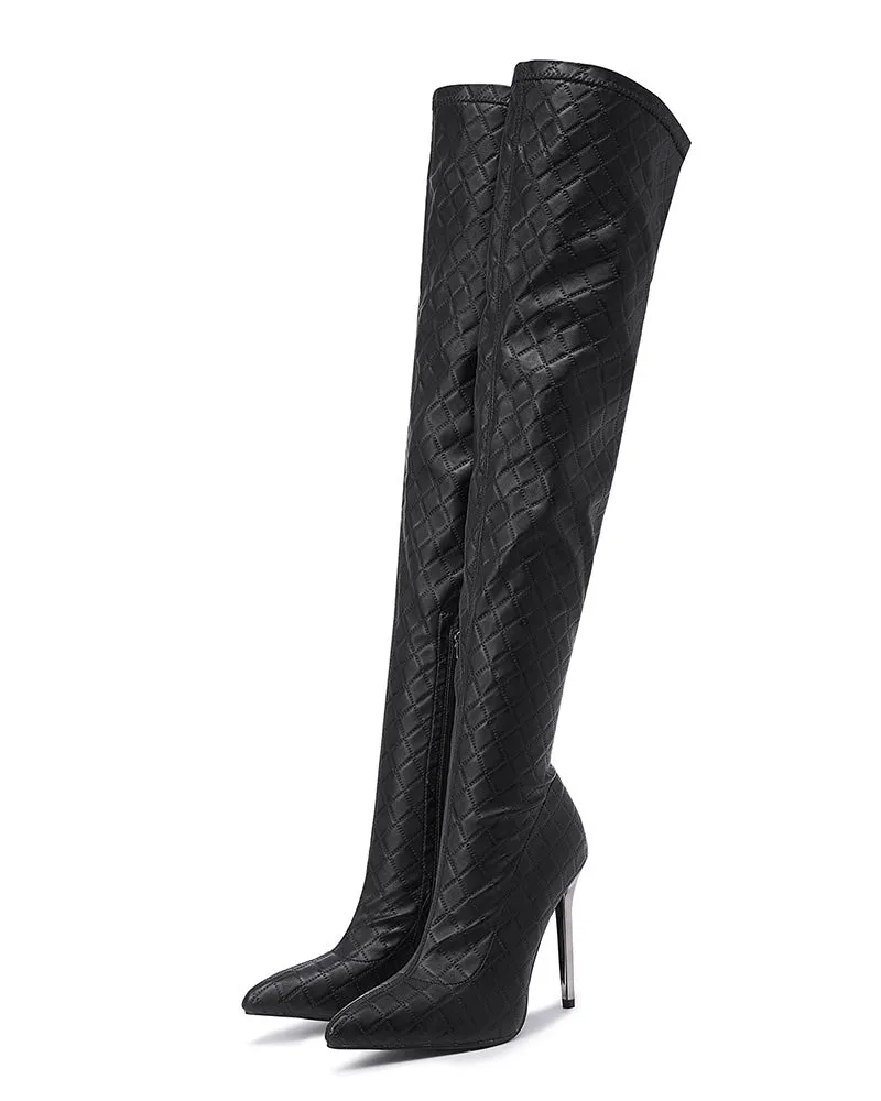 Quilted Stiletto Heel Zipper Design Long Boots