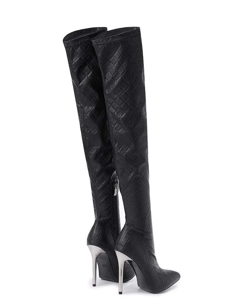 Quilted Stiletto Heel Zipper Design Long Boots