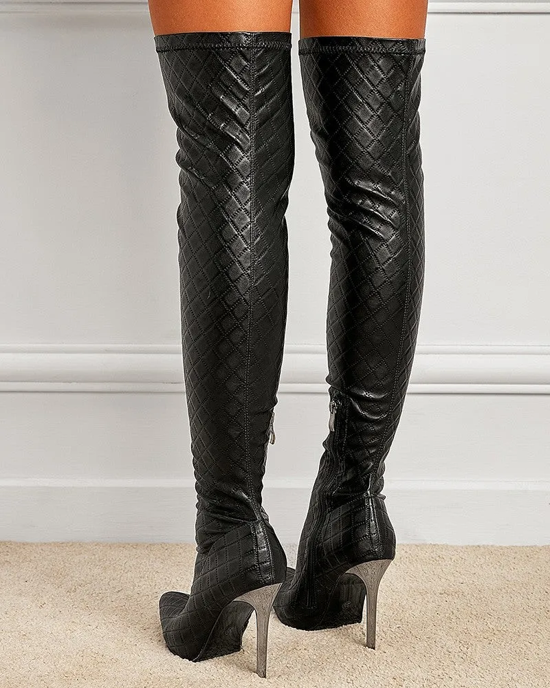 Quilted Stiletto Heel Zipper Design Long Boots