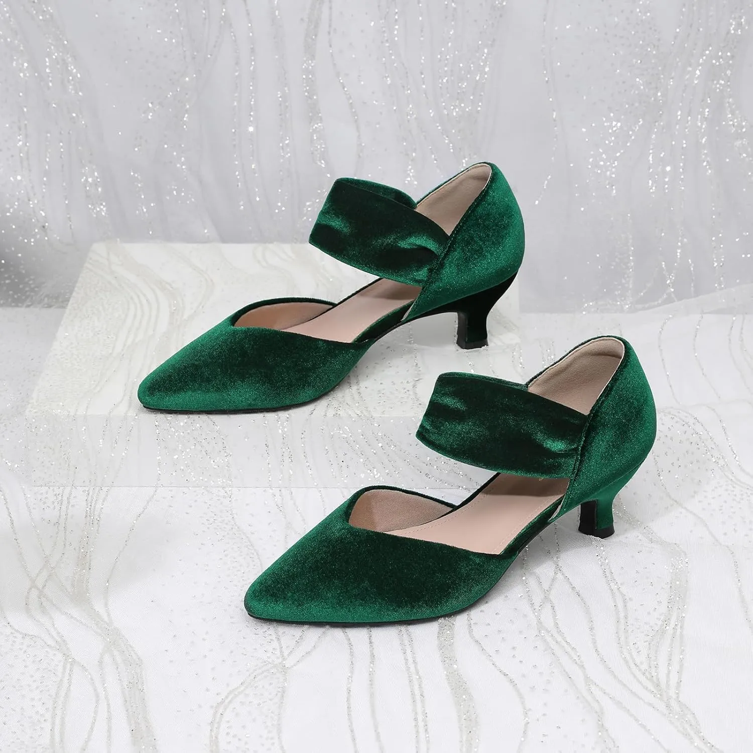 RIBONGZ Kitten Heels for Women Closed Toe Comfortable Low Heels Pointed Toe Sexy Slip on Pumps Bridal Party Dressy Shoes