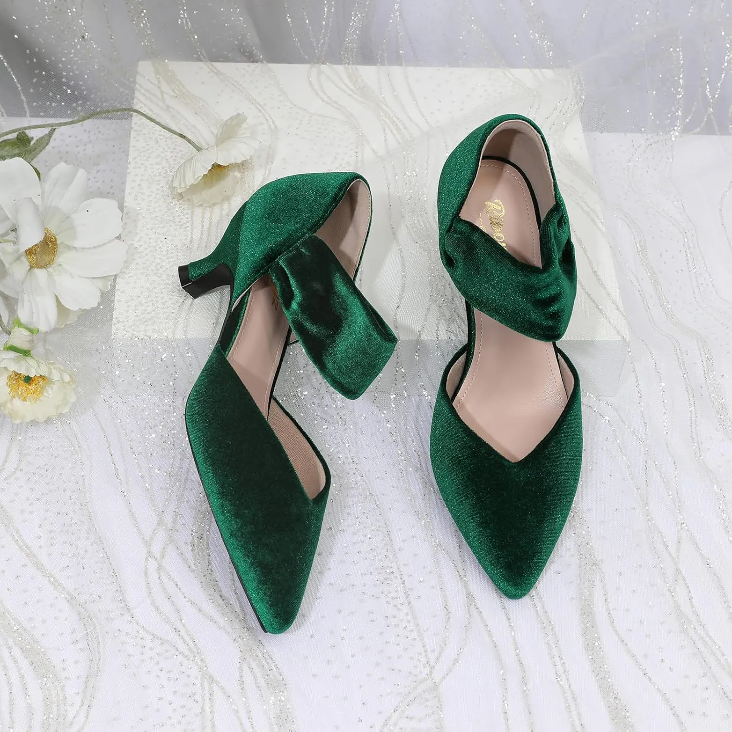RIBONGZ Kitten Heels for Women Closed Toe Comfortable Low Heels Pointed Toe Sexy Slip on Pumps Bridal Party Dressy Shoes