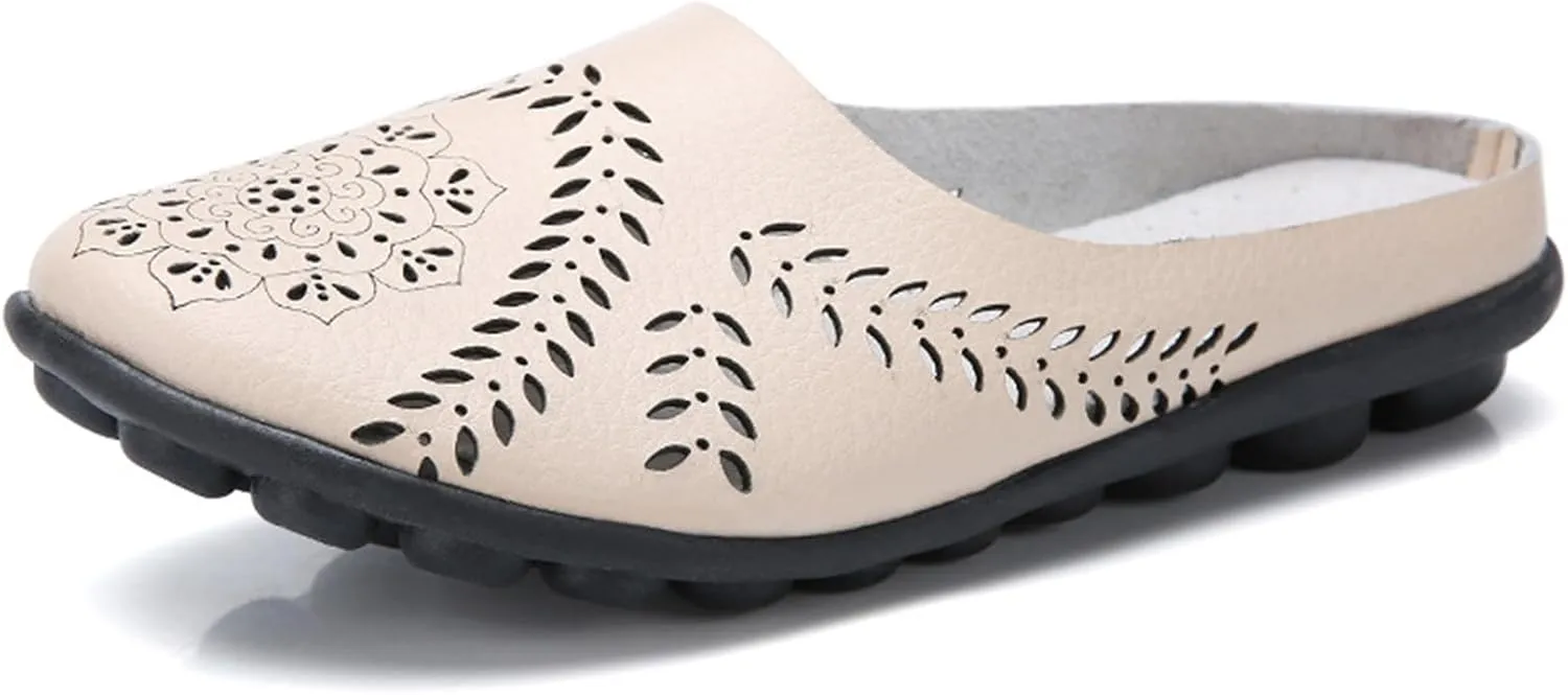 RiceelSor Women All-Match Hollow Breathable Flats Summer Slippers,Slip-on Round Toe Non-slip Softsole Lightweight Comfortable Orthotic Dressy Leather Loafer