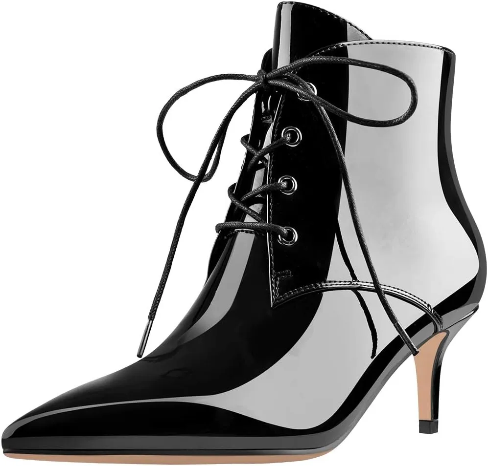 Richealnana Women's Kitten Low Heel Ankle Bootie Pointed Toe Lace Up Comfortable Walking Boots