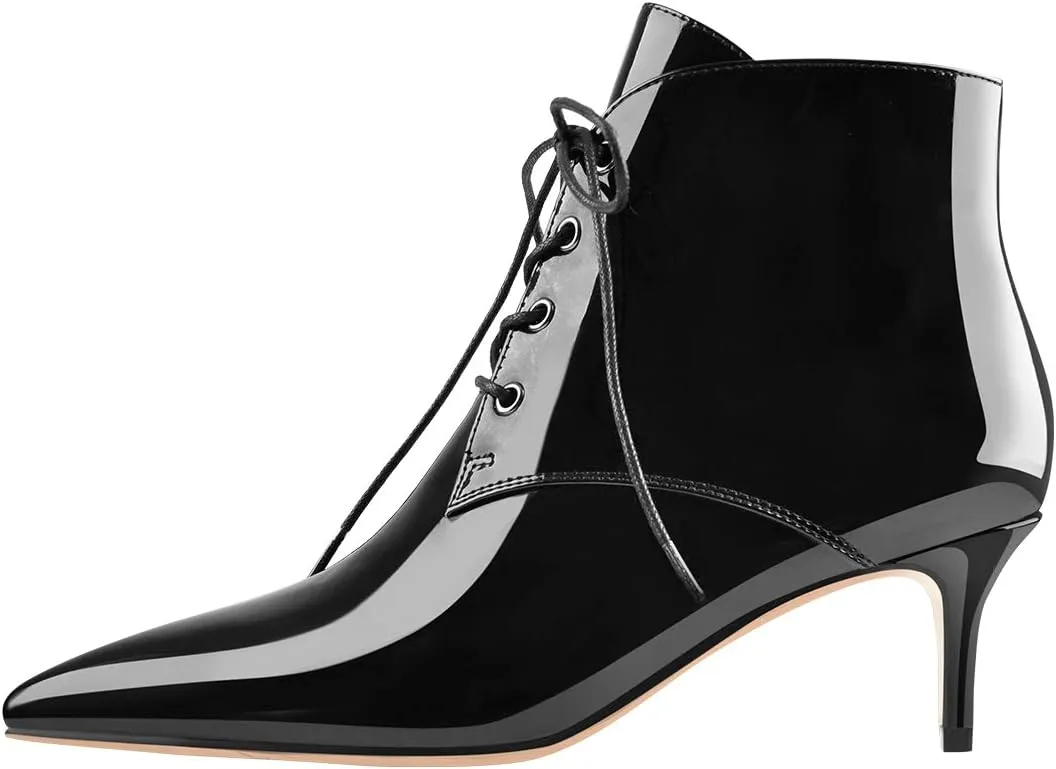 Richealnana Women's Kitten Low Heel Ankle Bootie Pointed Toe Lace Up Comfortable Walking Boots
