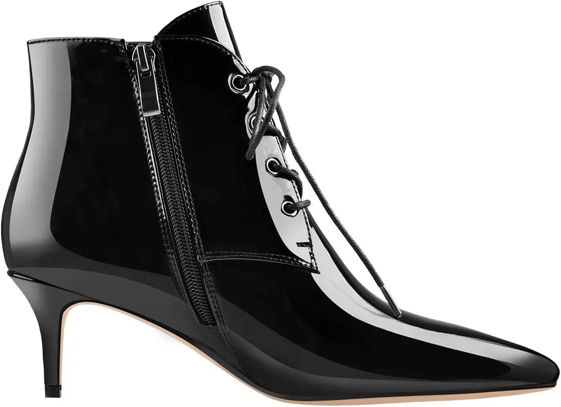 Richealnana Women's Kitten Low Heel Ankle Bootie Pointed Toe Lace Up Comfortable Walking Boots