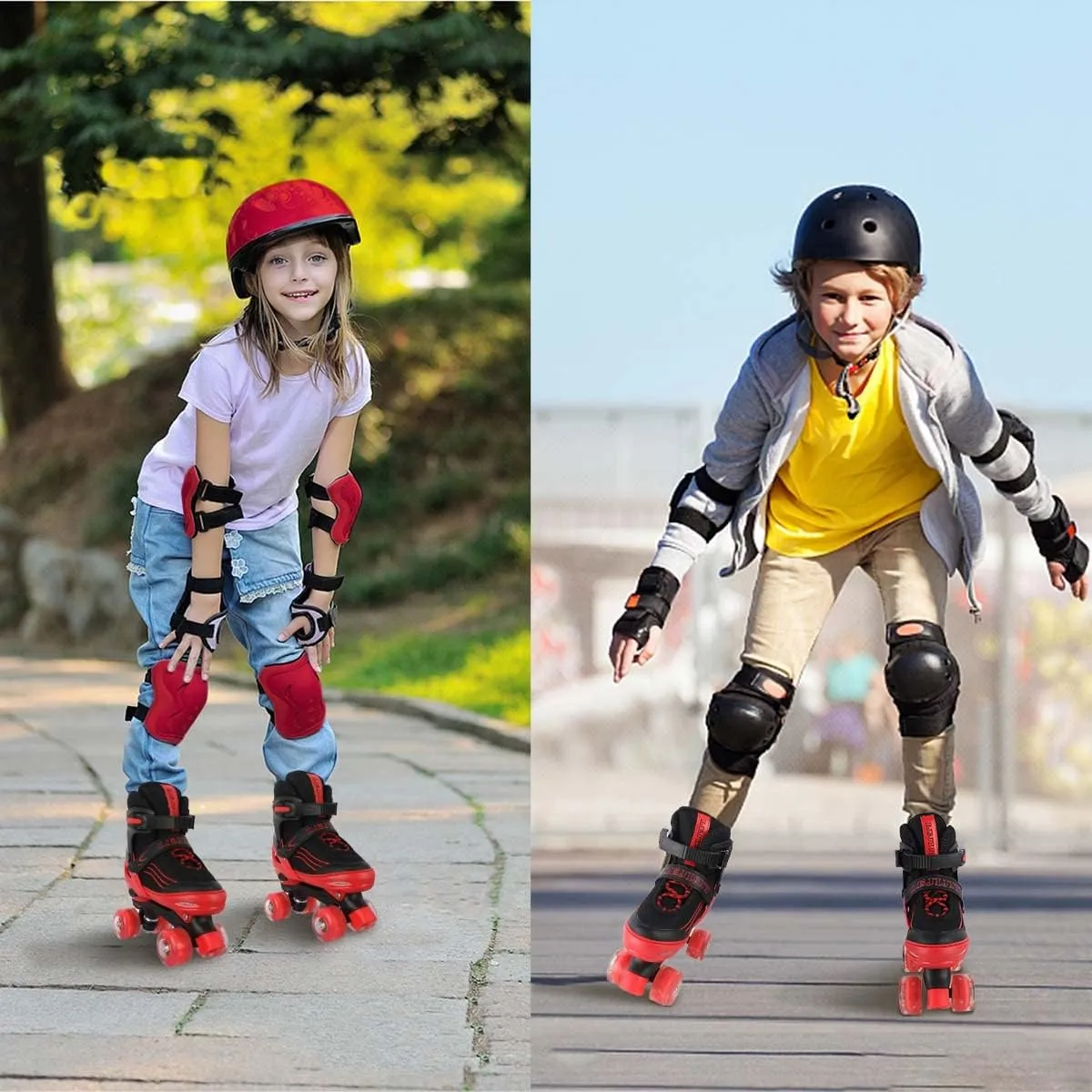 Roller Skates for Kids Boys Girls Toddler Ages 3-12, Adjustable 4 Sizes for Kids and Youth Teen with Light Up Wheels, Quad Red Roller Skates for Sports
