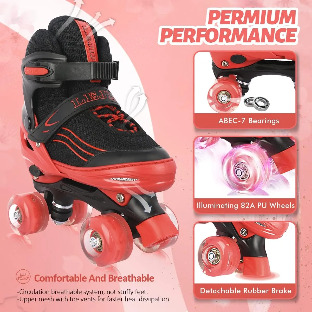 Roller Skates for Kids Boys Girls Toddler Ages 3-12, Adjustable 4 Sizes for Kids and Youth Teen with Light Up Wheels, Quad Red Roller Skates for Sports