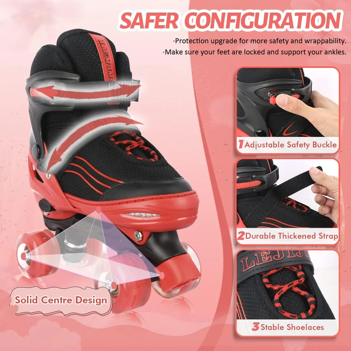 Roller Skates for Kids Boys Girls Toddler Ages 3-12, Adjustable 4 Sizes for Kids and Youth Teen with Light Up Wheels, Quad Red Roller Skates for Sports