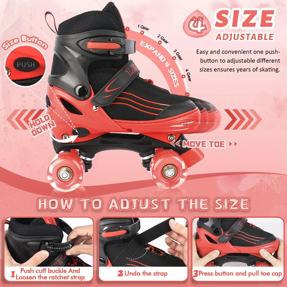 Roller Skates for Kids Boys Girls Toddler Ages 3-12, Adjustable 4 Sizes for Kids and Youth Teen with Light Up Wheels, Quad Red Roller Skates for Sports