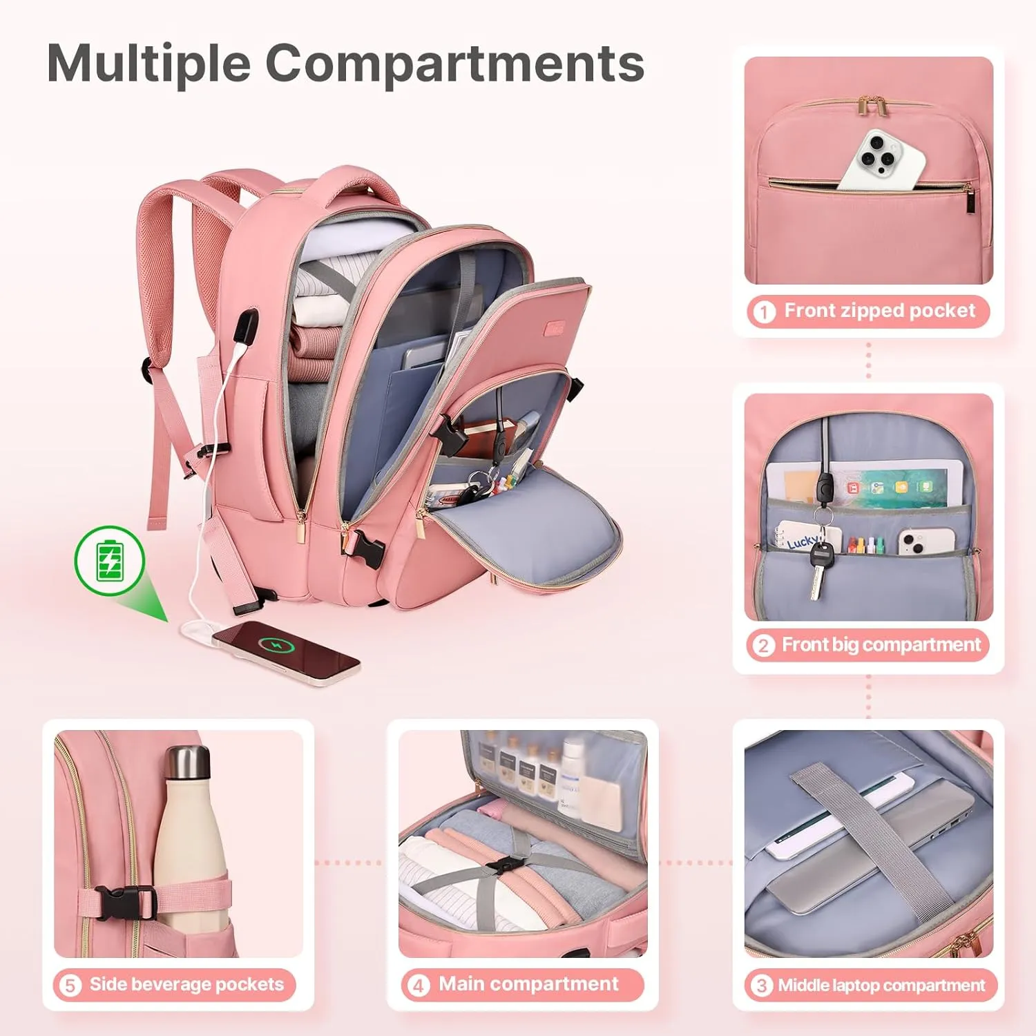 Rolling Backpack for Women, 17Inch on Laptop Travel Backpack with Wheels, Carry on Luggage Airplane, Overnight Business Trolley Backpack Bag (Sweet Pink) (In Patent)
