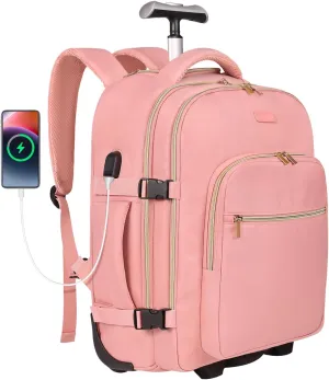 Rolling Backpack for Women, 17Inch on Laptop Travel Backpack with Wheels, Carry on Luggage Airplane, Overnight Business Trolley Backpack Bag (Sweet Pink) (In Patent)